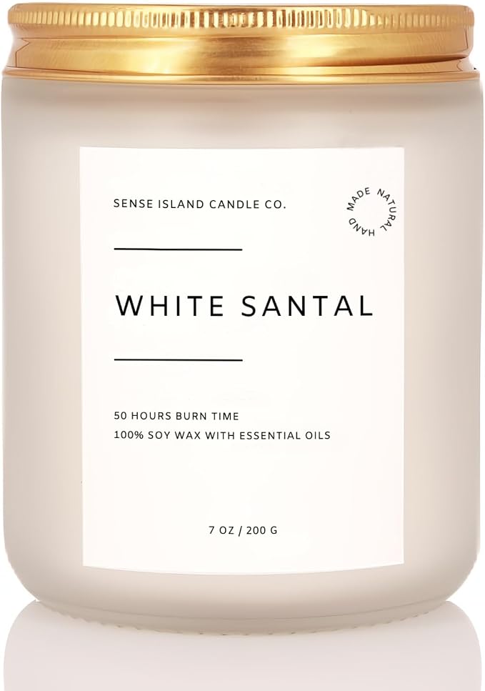 White Santal Scented Candle for Home | Natual Soy Wax | 50 hrs Burn Time | Hand Poured in Small Batches | Premium Fragrance