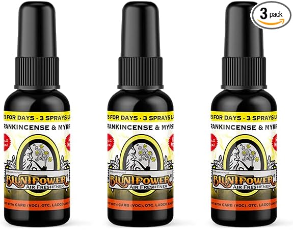 BluntPower (Frankincense and Myrrh, 3 Pack) Concentrated Air Freshener - Premium Oil Based Air Freshener Spray For Home and Car - Long-Lasting Bathroom Spray, Car Freshener, & Odor Eliminator Spray