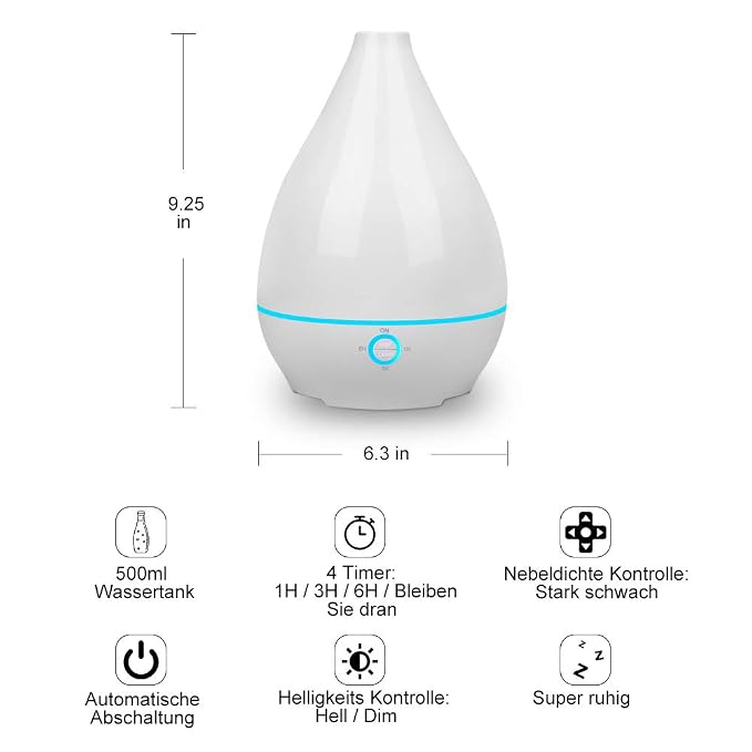 Aromatherapy Diffuser 500ml, Ultrasonic Essential Oil Humidifier, 7 Color Changing LED, Adjustable Mist Mode, BPA-Free & Auto Shut-Off for Bedroom Spa Office