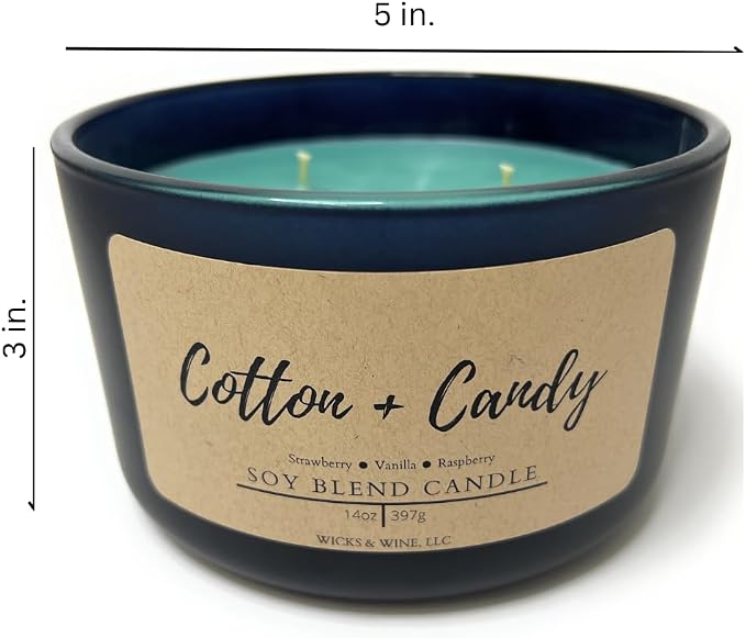 Wicks & Wine Soy Blend 3-Wick Cotton CORE Candle 14oz (Cotton Candy)