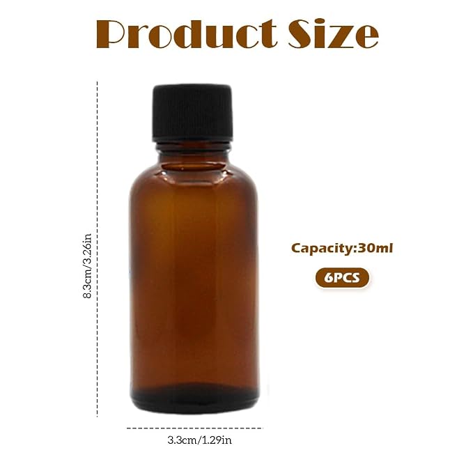 6Pcs Amber Glass Essential Oil Bottles with Orifice Reducer and Black Cap Empty Cosmetic Perfume Aromatherapy Storage Container Vial Pots Portable Refillable size 30ml/1oz
