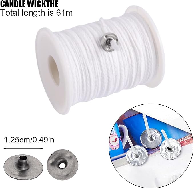 200 Feet Candle Wicks Roll, 24 PLYBraided Candle Wicks Natural Cotton Candle Wick Core Spool and 100 Pcs Metal Candle Wick Sustainer Tabs for Candle DIY Craft Candle Making Kit