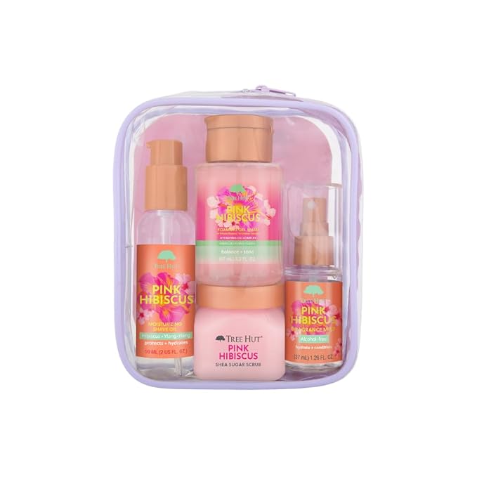 Tree Hut Pink Hibiscus Everything Shower Gift Set for Women, Exfoliating Body Scrub, Body Wash, Shave Oil & Body Spray, Self Care Gift Set, Hydrating & Moisturizing with Shea Butter, Travel Size
