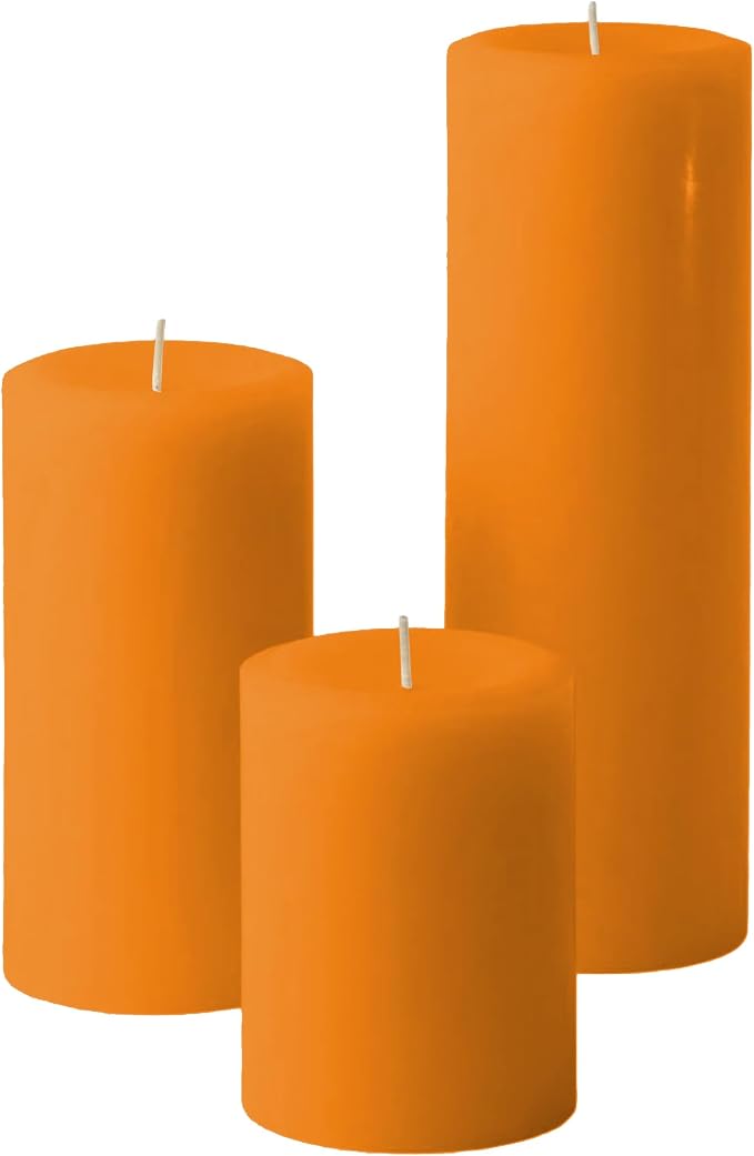 Mister Candle Unscented Dripless Pillar Candles Set of 3, Hand Poured 3 Inch Candles, Premium Wax, Decorative Pillar Candles, (3" x 4", 3" x 6", and 3" x 9", Orange)