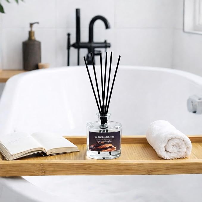 Reed Diffuser Set, Oud & Sandalwood 3.52 oz (100ml) Scented Diffuser with Sticks Home Fragrance Reed Diffuser for Bathroom Shelf Decor, Ideal Gift for Woman