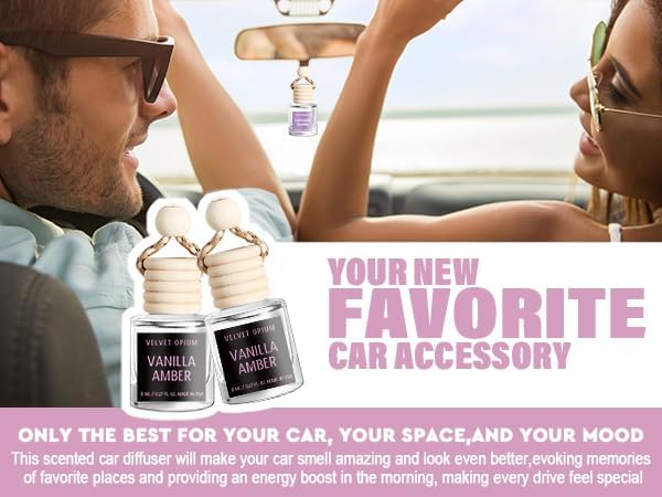 C Classy Hanging Car Air Freshener 2 Pack, Vanilla Amber Essential Oil Diffuser, Long-Lasting Fragrance, Cute Glass Bottle Car Accessories for Women & Men, Made in USA