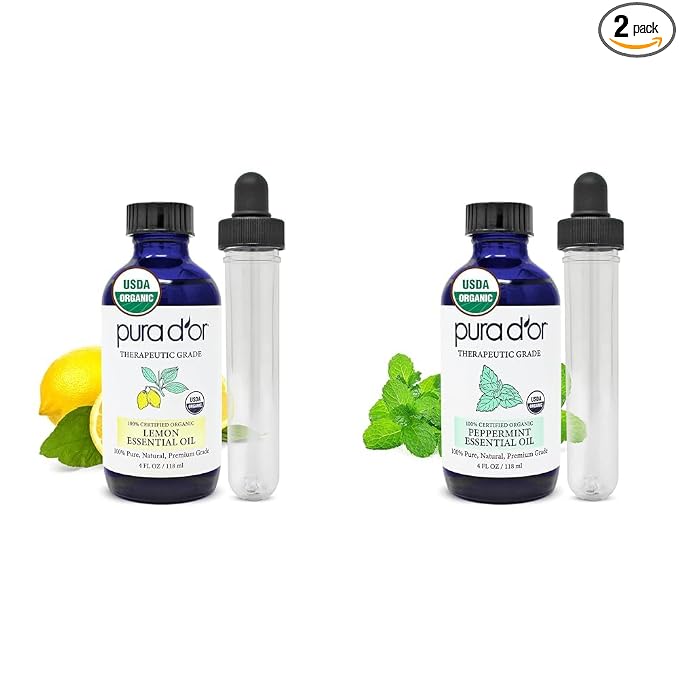 PURA D'OR (4oz) Lemon & Peppermint 100% Pure Therapeutic Grade Essential Oils Bundle for Aromatherapy, Skin Care, Energy, Focus, Breathing