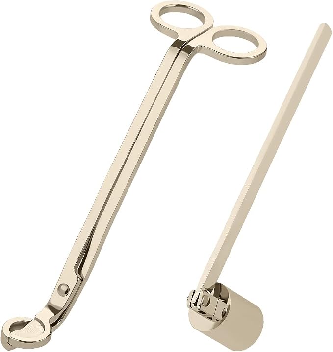 Gold Candle Snuffer and Wick Trimmer, Stainless Steel Polished Candle Accessory Set with Long Handle Candle Extinguisher for Candle Lover and Family That Likes to Use Candles