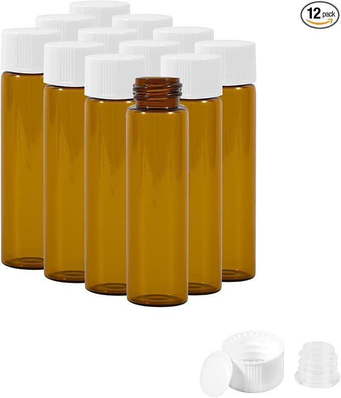 12PCS 20ml Amber Glass Vials with White Screw Caps and Plastic Stoppers, Leak-Proof Small Liquid Sample Bottles for Essential Oils, Perfumes, Reagents