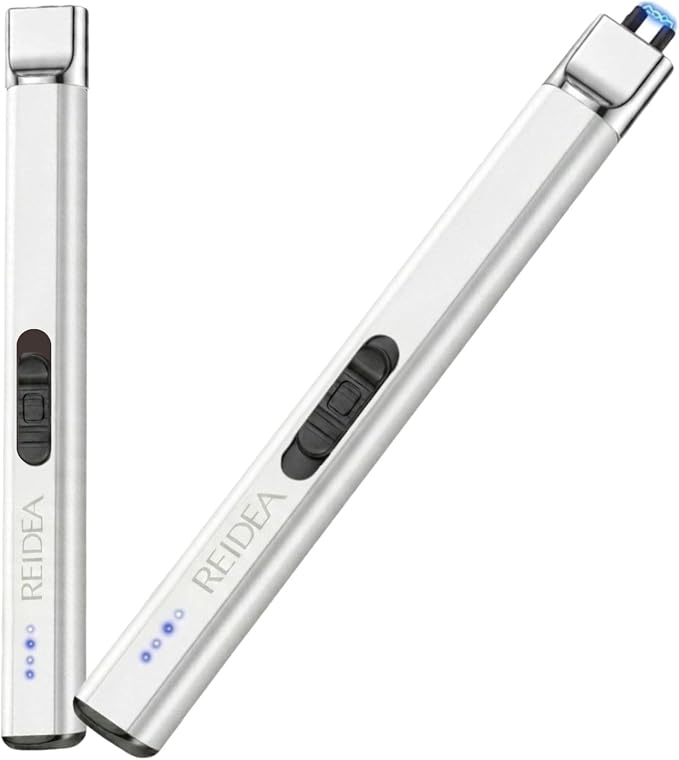 REIDEA Lighters 2 Pack R1 Flat Electronic Candle Lighter, Windproof Flameless USB Rechargeable Arc Lighter with Safe Button and Power Indicator for Candle, BBQ and Fireworks, White