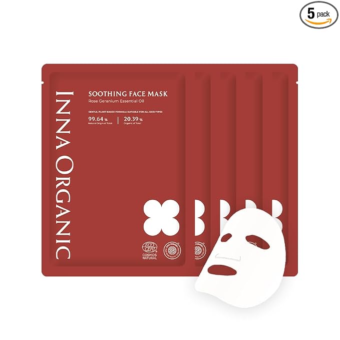 INNA ORGANIC Organic Sheet Mask - After Sun & Self Love, EWG & COSMOS Certified (Pack of 5) | Rose Geranium Essential Oils Infused Skin Care | Luxury Clean Beauty