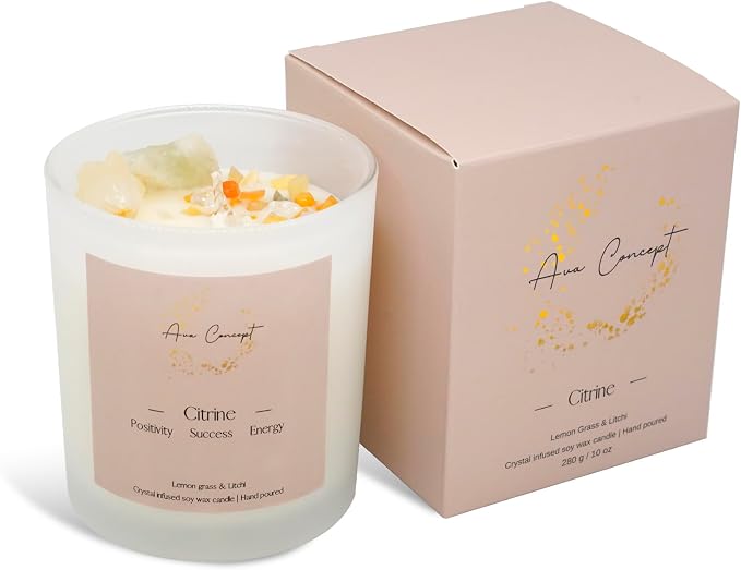 Citrine Crystal Candle – 10oz / 280g | Lemongrass & Litchi Aromatherapy | Hand-Poured Soy Wax | Genuine Citrine Healing Crystals Embedded | Positivity, Success & Energy | Gift Box Included
