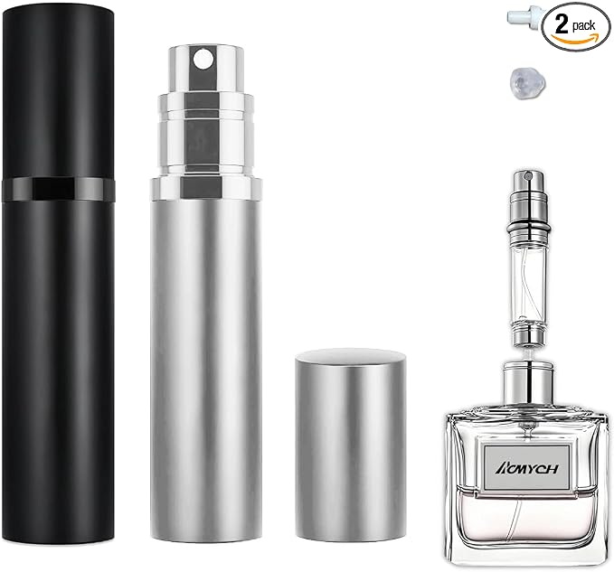 2PCS Perfume Travel Refillable Bottle, Bottom-Filling Fragrances Perfume Atomizer, Empty Mini Cologne Dispenser, Portable Sprayer Pocket Size for On the Go 5ml (Black & Silver)
