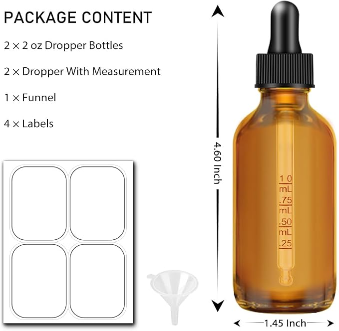 Bumobum 2 oz Clear and Amber Bottle, 2 pack Glass Dropper Bottles for Essential Oils Bottles with Funnel, Labels and Measured Dropper - Leakproof Lap dispensing