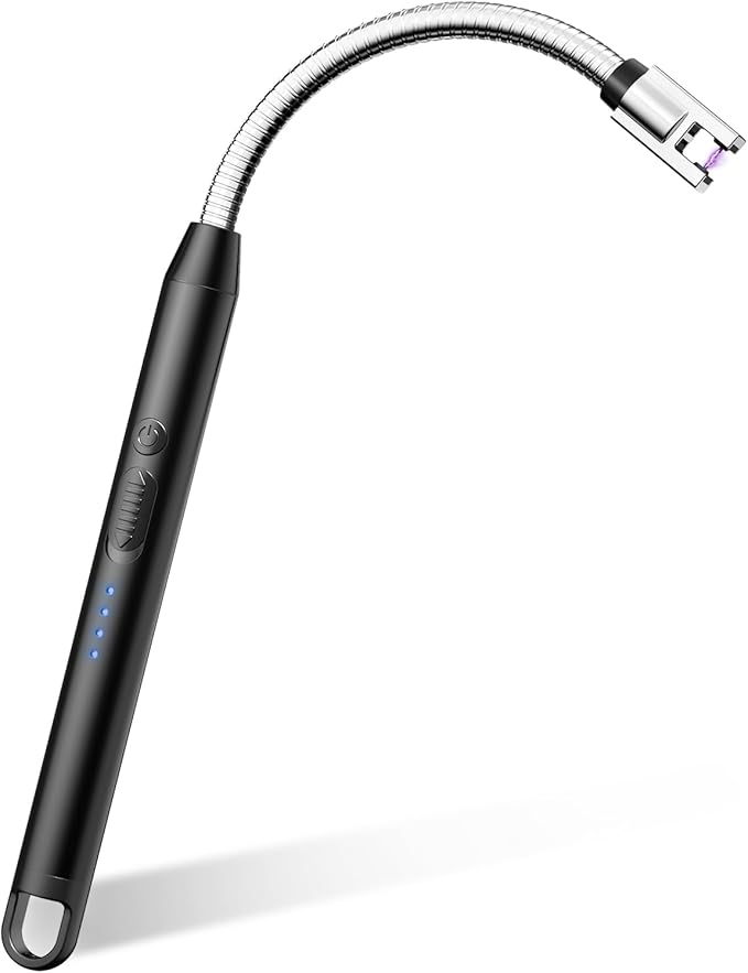 VEHHE Electric Lighter with 360° Flexible Neck, Flameless Windproof Long Candle Lighter with Led Battery Display, USB C Rechargeable with Hanging Hook for Gifts BBQ Fireworks (Black)