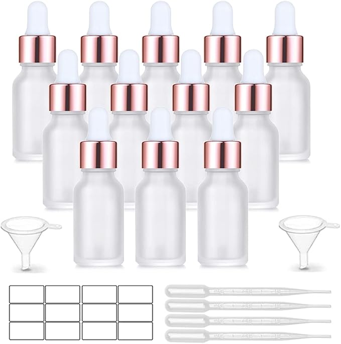 12 Pack, 0.5 Oz Matte Glass Dropper Bottle, Empty Frosted Essential Oil Bottle Holder With Glass Eye Dropper, Rose-Golden Caps Perfume Travel Vial Container - Pipette, Stickers, Funnel Included