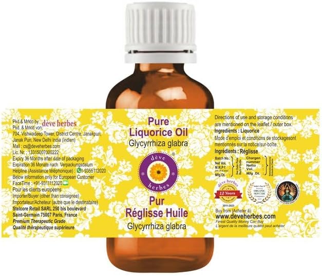 Deve Herbes Liquorice Oil (Glycyrrhiza glabra) | Infused | Pure | Non-Sticky | Lightweight | for Facial Care | Men & Women | 15ml (0.50 oz)