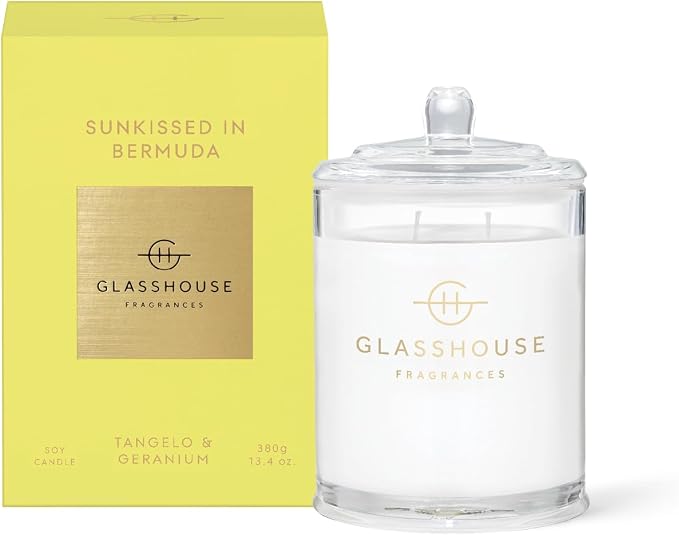 Glasshouse Fragrances Sunkissed in Bermuda Candle, Triple Scented Natural Soy Wax Blend, 2 Wicks & Glass Jar, 65 Hour Burn Time, Tangelo & Geranium, 13.4 oz. (380g)