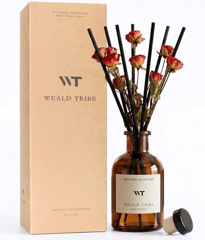WEALD TRIBE Reed Diffuser Set for Bathroom Air Fresheners, Oil Diffuser Sticks | Sandalwood Rose Scent 4.0 fl oz Home Fragrance with Sticks Defusers | House Bedroom Office Shelf Decor