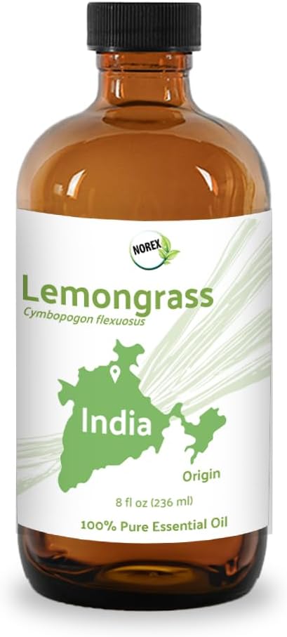Lemongrass Essential Oil - Natural Aceite de Hierba Limón from Norex Flavours India - Lemongrass Essential Oils for Hair, Aromatherapy and Massage - 8oz