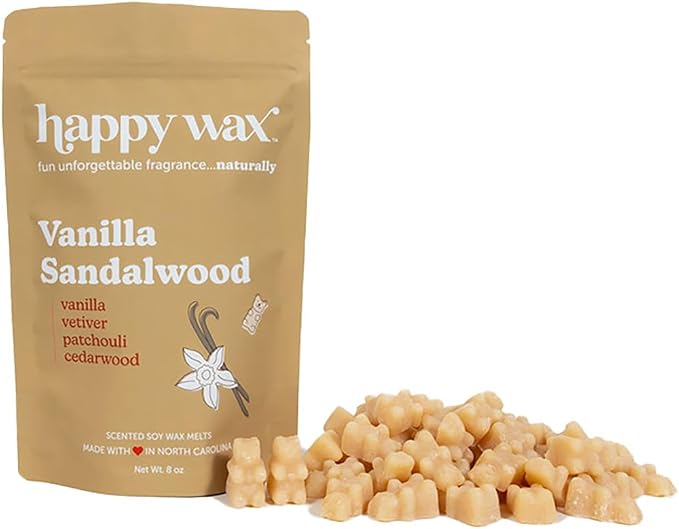 Happy Wax Vanilla Sandalwood Scented Bear Wax Melts - Natural Strong - Infused with Essential Oils - Non Toxic - For Warmers (8 oz Pouch)