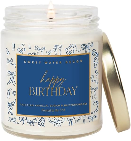 Sweet Water Decor Happy Birthday Candle Jar, Non-Toxic Soy Wax, Blue Bows Candle with Tahitian Vanilla, Sugar, and Buttercream Scent Notes, 40+ Hour Burn Time 9 oz with Gold Lid, Birthday Gift for Her