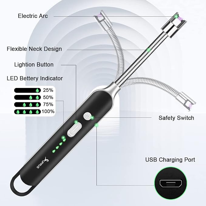 SUPRUS Electric Rechargeable Arc Lighter with LED Battery Display Long Flexible Neck USB Lighter for Candle Cooking (Black, 3Packs)