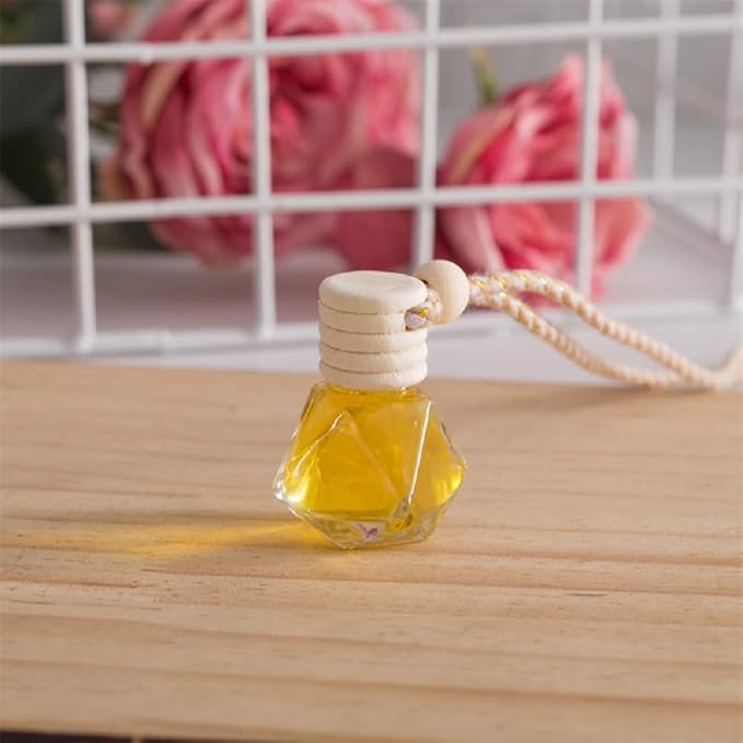 4Packs 8ml Hanging Car Air Freshener Perfume Bottle, Refillable Aromatherapy Fragrance Clear Empty Essential Oil Diffuser Pendant Auto Ornaments Decor Accessories with Wooden Caps (4Packs)