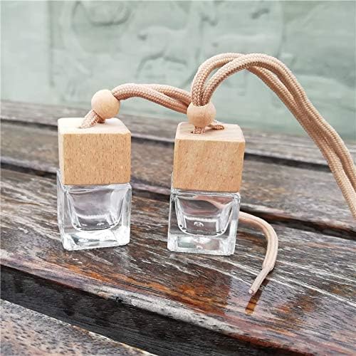 10 Pcs 8ml Car Air Freshener Ornament,Empty Clear Glass Essential Oil Diffuser Perfume Aromatherapy Pendant Vials with Wooden Caps & Hanging String-Free 1 Funnel&Dropper