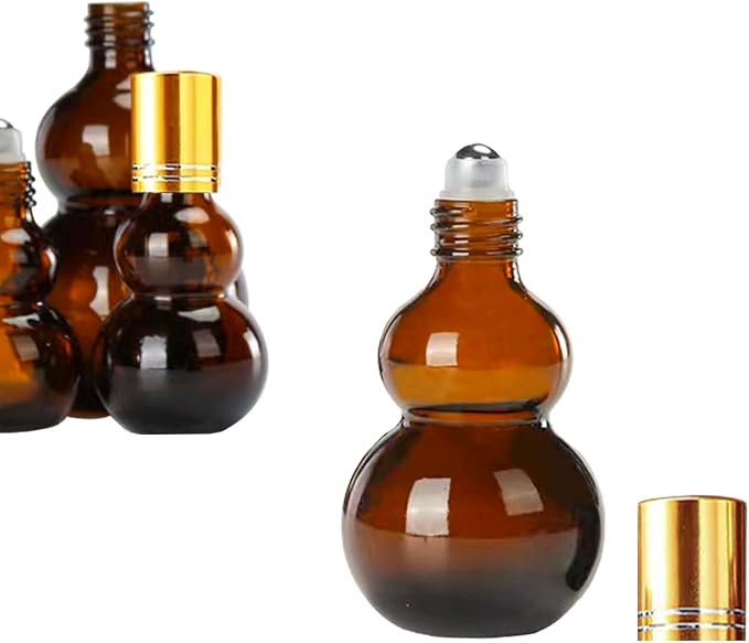 Essential Oil Roller Bottles, Amber Gourd Shaped Glass Roller Bottles with Stainless Steel Roller Ball, for Travel,Perfume (Amber-Gold Cap, 100ML)