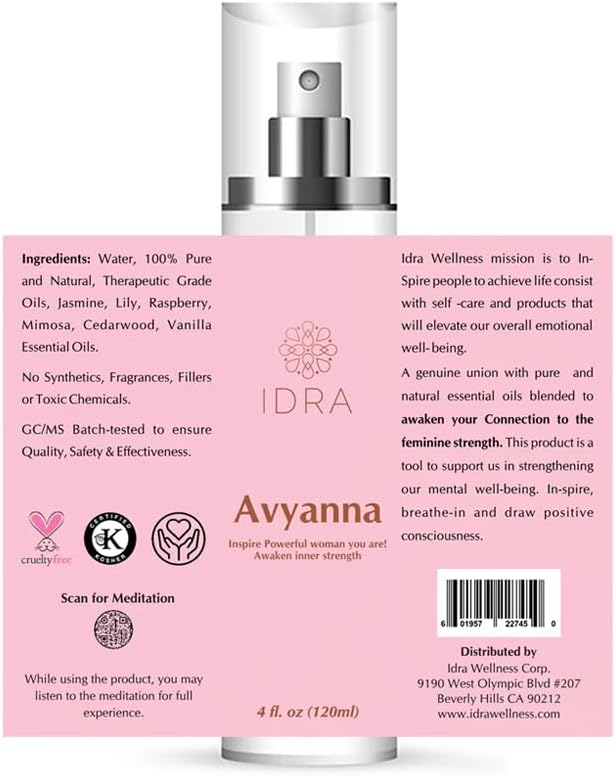 IDRA Avyanna Essential Oil Blend by Idra Wellness Inspire The Powerful Woman Therapeutic Grade Aroma for Diffusers & Aromatherapy Jasmine Cedarwood Vanilla 120 mL