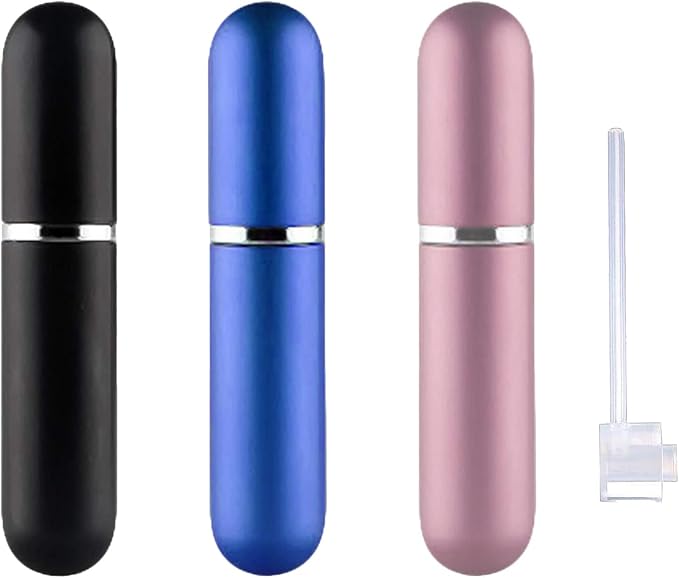 Travel Refillable Perfume Atomisers, 5ML, 3 Pcs Mini Portable Spray Bottles, Round Tube Set With 1 Flat Separated Tool, for Home Business Trip (Black+Blue+Champagne)(4pcs)