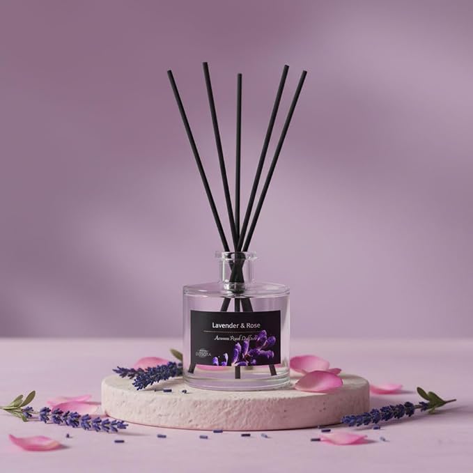 Reed Diffuser Set, Lavender & Rose 3.52 oz (100ml) Scented Diffuser with Sticks Home Fragrance Reed Diffuser for Bathroom Shelf Decor, Ideal Gift for Woman
