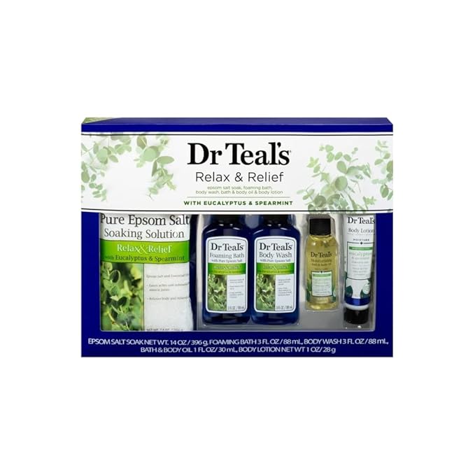 Dr Teal's Eucalyptus & Spearmint Relax & Relief Full Regimen 5-Piece Gift Set (Epsom Salt Soaking Solution, Foaming Bath, Body Wash, Moisturizing Bath & Body Oil, Body Lotion)