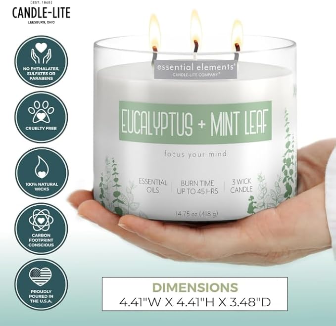 Essential Elements by Candle-lite Scented Candles, Eucalyptus & Mint Leaf Fragrance, One 14.75 oz. Three-Wick Aromatherapy Candle with 45 Hours of Burn Time, Off-White Color
