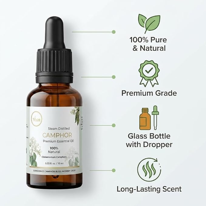 My ACE Camphor Essential Oil 0.33 Fl Oz - Pure & Natural - Premium Grade for Aromatherapy, Diffuser, Skin, Hair, Massage, Candle, Soap Making, Home - Glass Bottle with Dropper - Long Lasting Scent