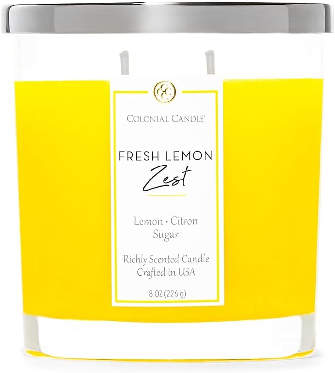 Colonial Candle Fresh Lemon Zest Scented Candle Jar, Highly Fragranced Candles for Home Scented, Mottled Wax Candle, 2 Wick, 8 oz - Made in the USA