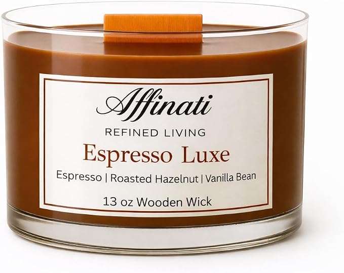 Affinati Espresso Luxe Wooden Wick Candle – Premium Wooden Bowl, 13 oz