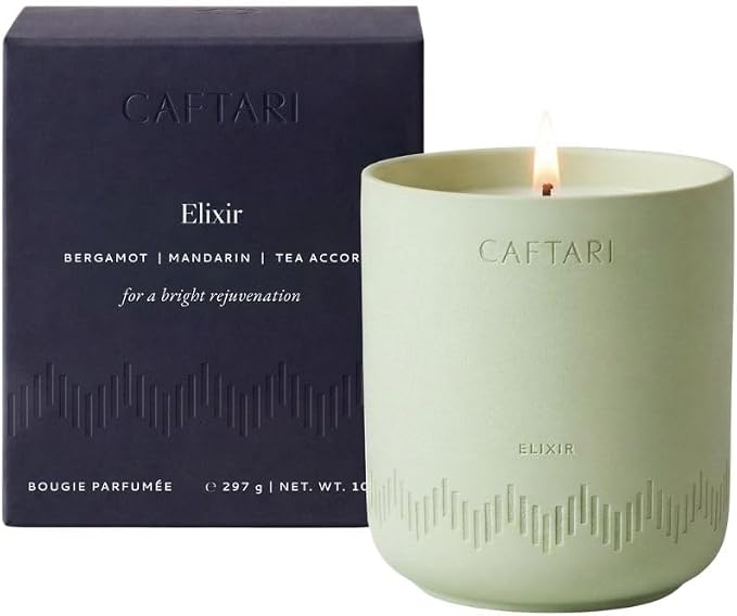CAFTARI Elixir Scented Candle | Bergamot, Mandarin & Tea Accord | Soy Candles Non Toxic | 60- Hour Burn | Spring Candle | Uplifting Aromatherapy | Ceramic Jar | Luxury Gift for Women | 10.5 oz