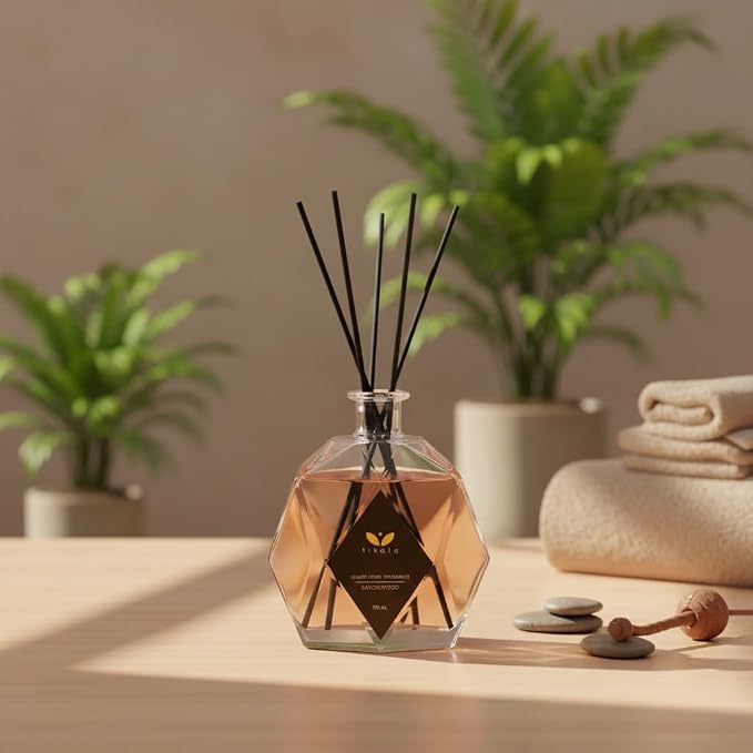 Luxury Reed Diffuser with Sandalwood Scent – Crystal Glass Bottle – Home Fragrance for Living Room, Bathroom & Office – 23.67 fl oz (700 ml)