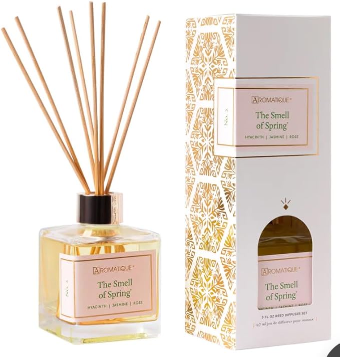 Aromatique, Reed Diffuser Set, Reusable, Refillable Glass Vessel Includes 8 Reed Sticks, Flame Free, Luxury Home Decor Fragance, Boxed for Gifting, (Standard, Smell of Spring)