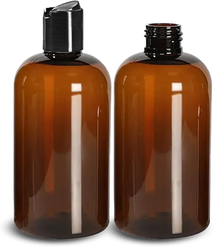ljdeals 8 oz Amber Plastic Empty Bottles with Black Disc Top Caps, Refillable Containers for Shampoo, Lotions, Cream and More, BPA Free, Pack of 2, Made in USA