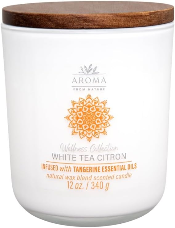 House of Velas, Aroma from Nature Wellness Collection Candle, 12 oz, 2 Cotton Wicks, White Tea Citron, Large Painted Jar