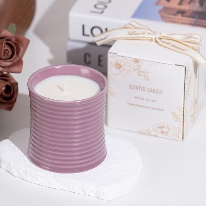 Generic Natural Soy Wax Scented Candle, Purple Ceramic Container Lavender Fragrance, Handmade Luxury Home Decor with Cotton Wick,Purple Ceramic Container, Reusable Jar
