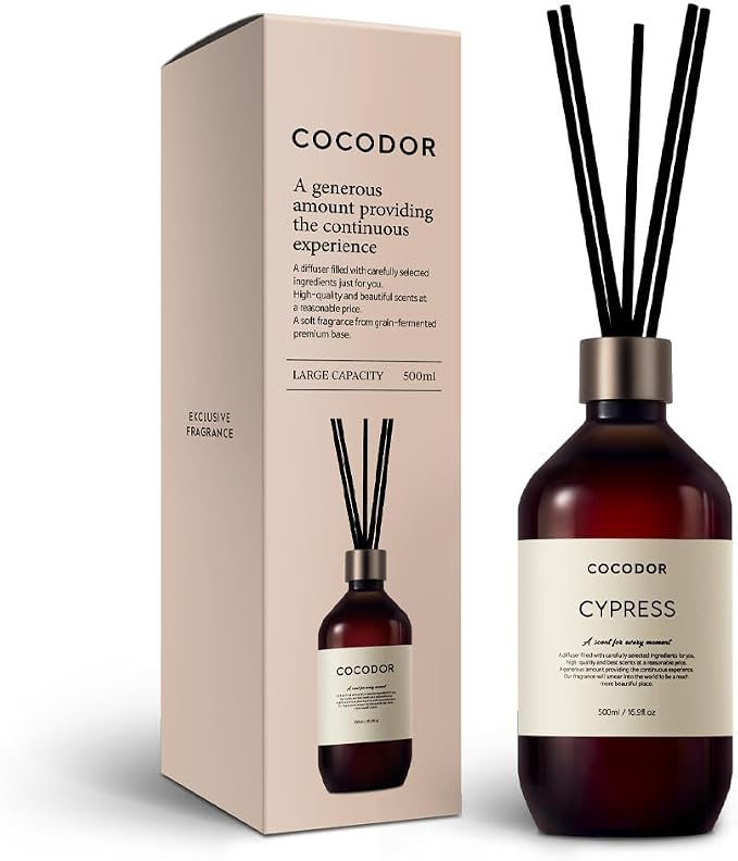 COCODOR Premium Reed Diffuser/Cypress/16.9oz(500ml)/1 Pack/Fragrance Scent Essential Oil Stick Diffuser Set for Bedroom Bathroom Home Décor