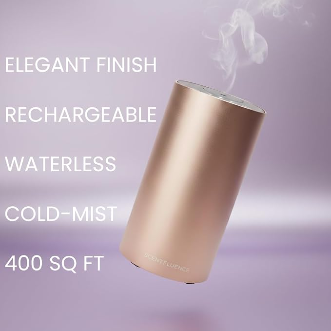 Waterless Scent Diffuser for Home – Rechargeable Cold-Air Room Diffuser, Chrome Finish, Adjustable Settings, USB, Covers 450 Sq Ft