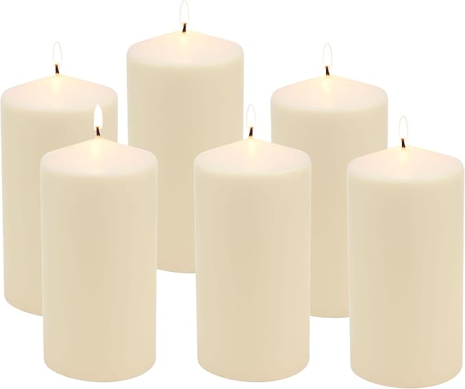 Stonebriar 6, Tall 3 x 6 Inch 65 Hour Long Burning Unscented Ivory Wax Pillar Candles (Pack of 4. 24 Count Total)