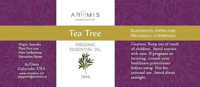 ArOmis Organic Tea Tree Essential Oil - 100% Pure Therapeutic Grade - Undiluted, Premium Oil - 150 Micron Filtered, Perfect for Aromatherapy Diffusers (10ml / .34 fl oz)
