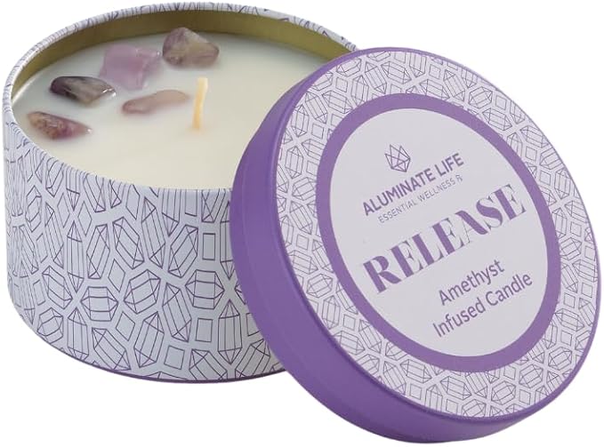 – Release Crystal-Infused Scented Candle with Healing Amethyst & Lavender Essential Oils, Hand-Poured Premium Coconut Wax, Luxury Gift, 6 oz