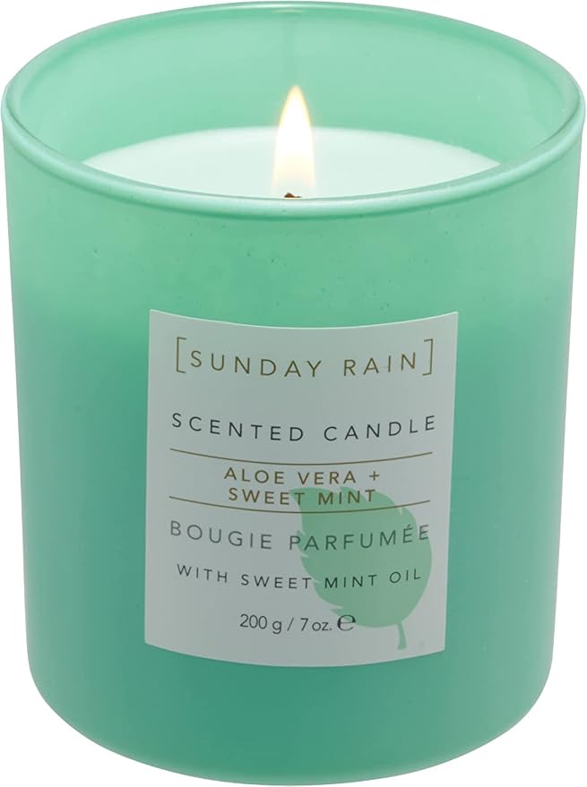 Sunday Rain Aloe Vera & Sweet Mint Soy Candle, with Aromatherapy Oils, Up to 40 Hours Burn Time, Refreshing & Calming Fragrance, 265g
